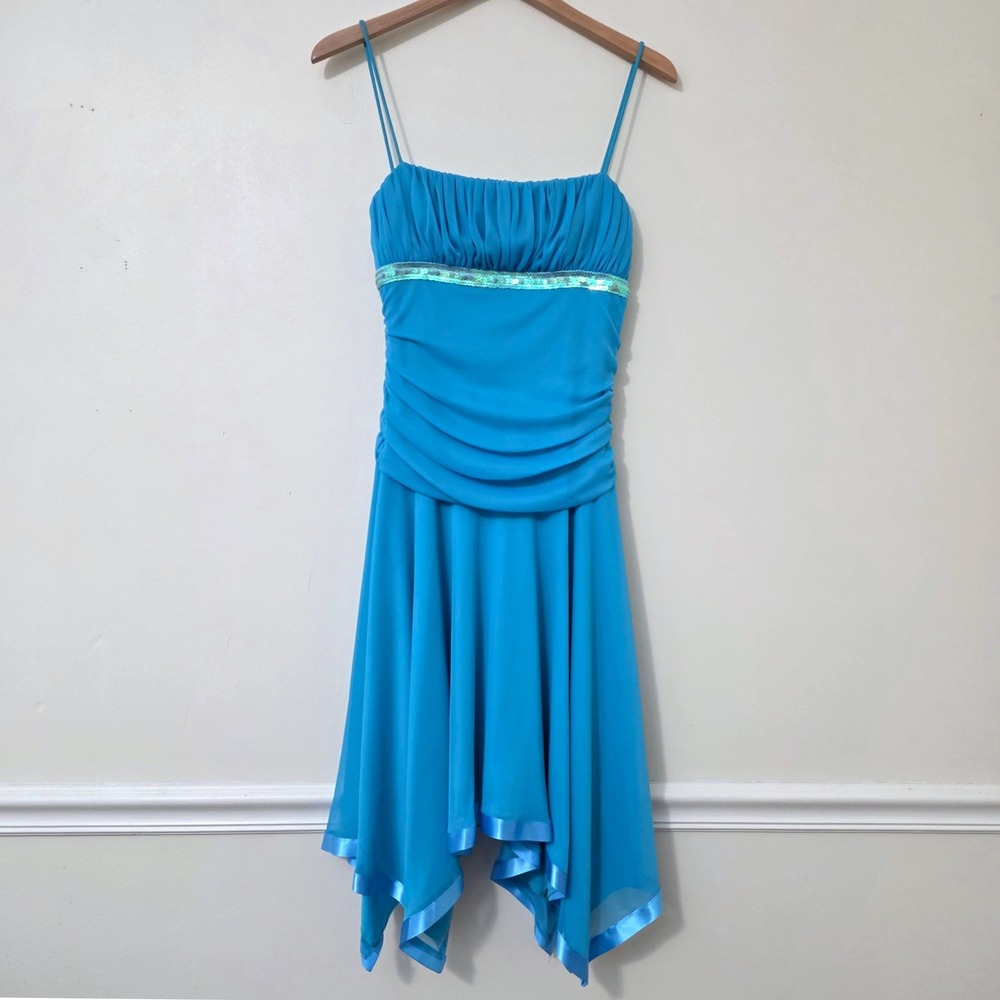 Vintage Y2K City Triangles Asymmetrical Dress Sz L Sheer Overlay Ruched Fairy